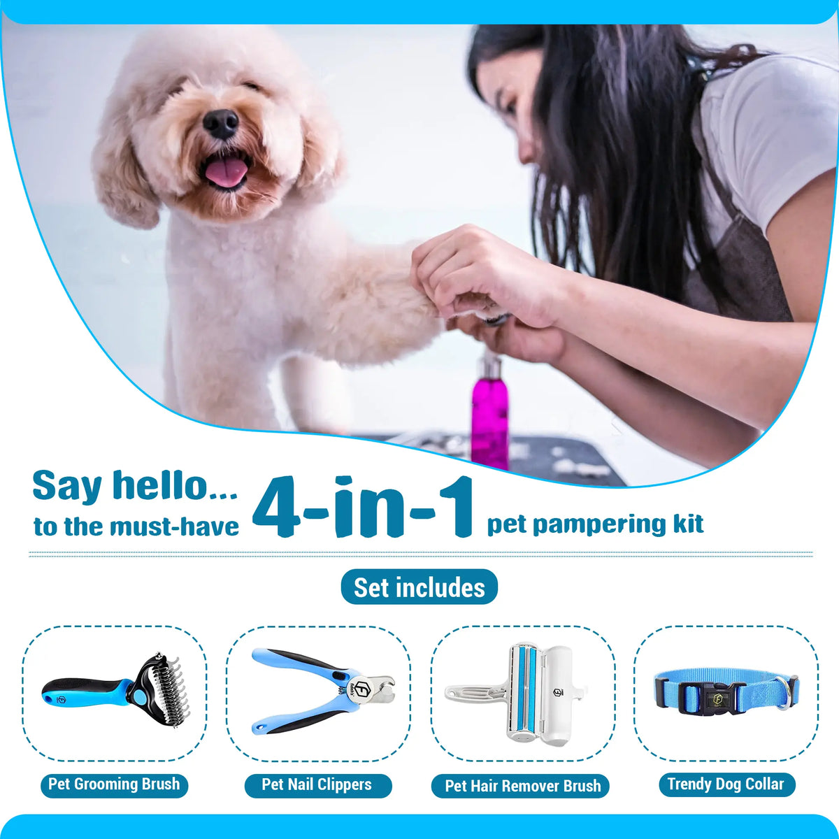 FIDEH 4-in-1 Pet Care Set: Reusable Cat and Dog Hair Remover Brush, Double-Sided Shedding Brush, Nail Clippers and Trimmers, Razor Sharp Blade, and Nylon Collar for Medium Dogs (4 Pieces, Pink)