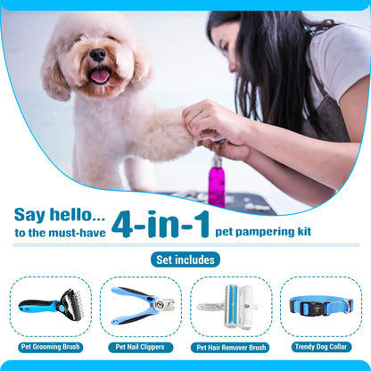 FIDEH 4-in-1 Pet Care Set: Reusable Cat and Dog Hair Remover Brush, Double-Sided Shedding Brush, Nail Clippers and Trimmers, Razor Sharp Blade, and Nylon Collar for Medium Dogs (4 Pieces, Pink)