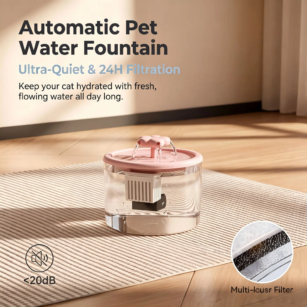 Cat Water Fountain Dispenser - Transparent Design, Quiet Operation, USB-Powered with Recirculating Filter for Indoor Use