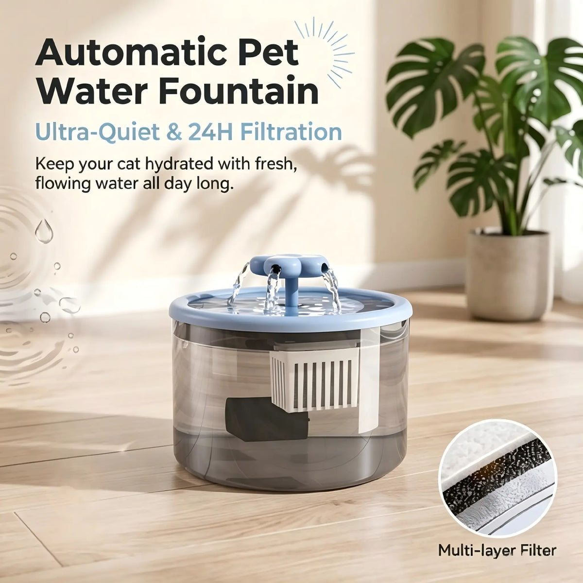 Cat Water Fountain Dispenser - Transparent Design, Quiet Operation, USB-Powered with Recirculating Filter for Indoor Use