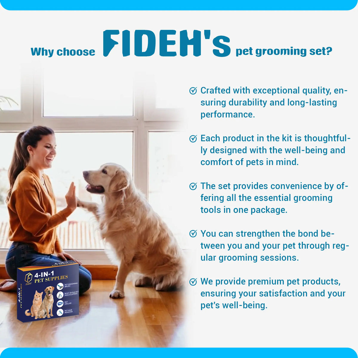 FIDEH 4-in-1 Pet Care Set: Reusable Cat and Dog Hair Remover Brush, Double-Sided Shedding Brush, Nail Clippers and Trimmers, Razor Sharp Blade, and Nylon Collar for Medium Dogs (4 Pieces, Pink)