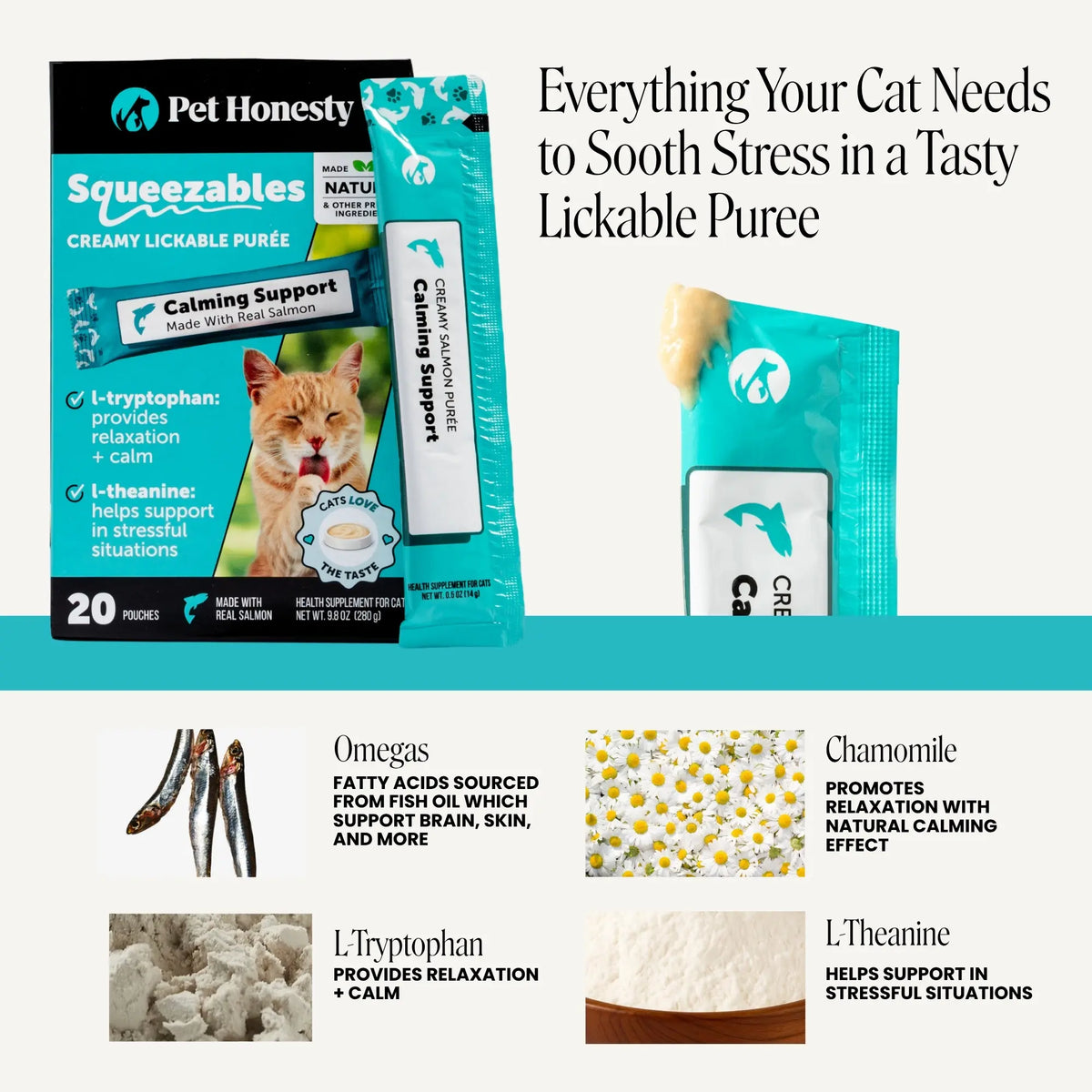 Pet Honesty Calming Lickable Purees for Cats with Real Salmon - 20 Pouches
