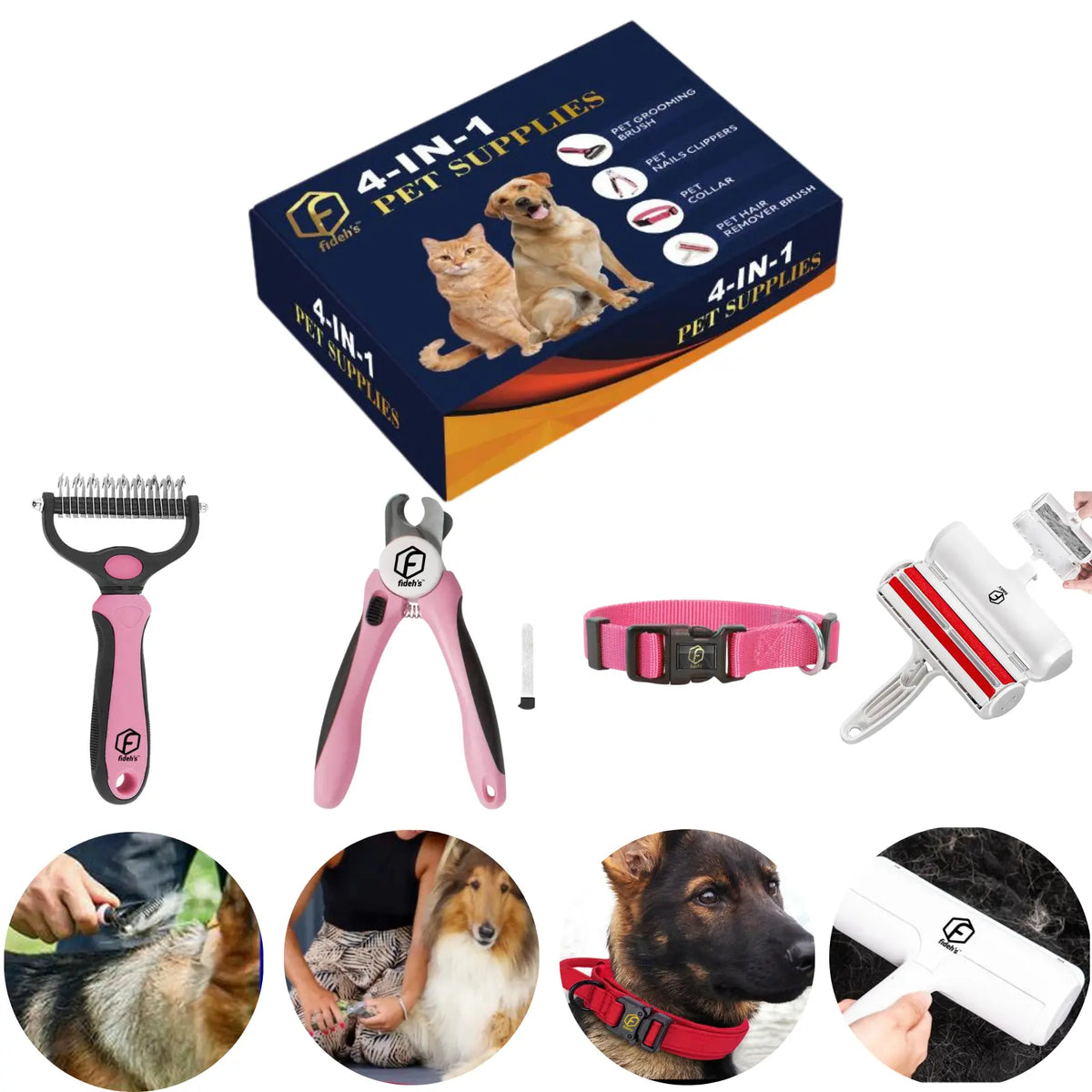 FIDEH 4-in-1 Pet Care Set: Reusable Cat and Dog Hair Remover Brush, Double-Sided Shedding Brush, Nail Clippers and Trimmers, Razor Sharp Blade, and Nylon Collar for Medium Dogs (4 Pieces, Pink)