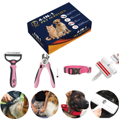 FIDEH 4-in-1 Pet Care Set: Reusable Cat and Dog Hair Remover Brush, Double-Sided Shedding Brush, Nail Clippers and Trimmers, Razor Sharp Blade, and Nylon Collar for Medium Dogs (4 Pieces, Pink)