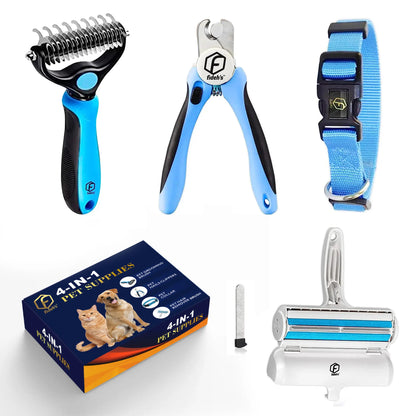 FIDEH 4-in-1 Pet Care Set: Reusable Cat and Dog Hair Remover Brush, Double-Sided Shedding Brush, Nail Clippers and Trimmers, Razor Sharp Blade, and Nylon Collar for Medium Dogs (4 Pieces, Pink)