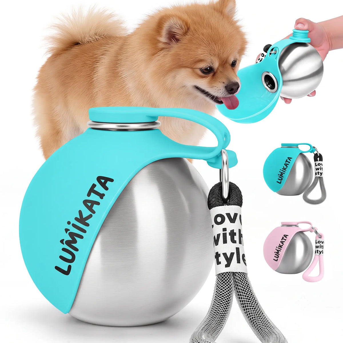 Lumikata 2-in-1 Portable Dog Water Bottle with 10oz Stainless Steel and Silicone Foldable Bowl - Leak-Proof Design for Small Dogs and Pet Feeding Supplies