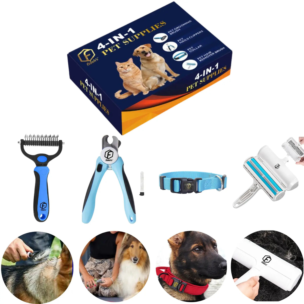 FIDEH 4-in-1 Pet Care Set: Reusable Cat and Dog Hair Remover Brush, Double-Sided Shedding Brush, Nail Clippers and Trimmers, Razor Sharp Blade, and Nylon Collar for Medium Dogs (4 Pieces, Pink)